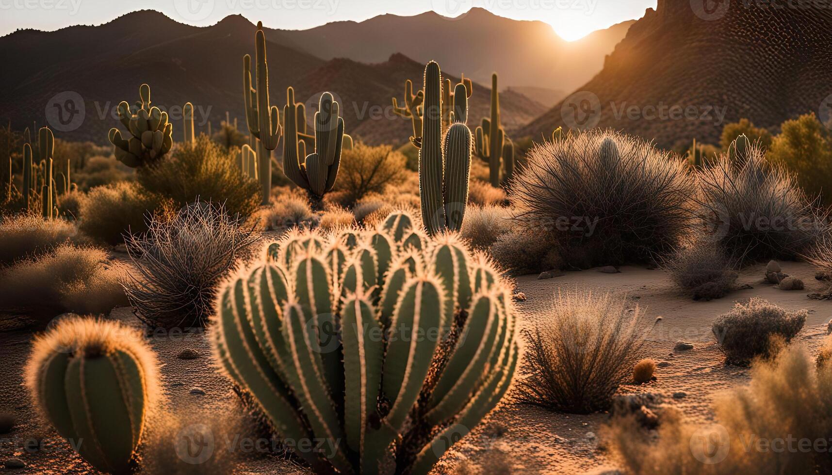 Sunset over a Desert Landscape with Cacti photo