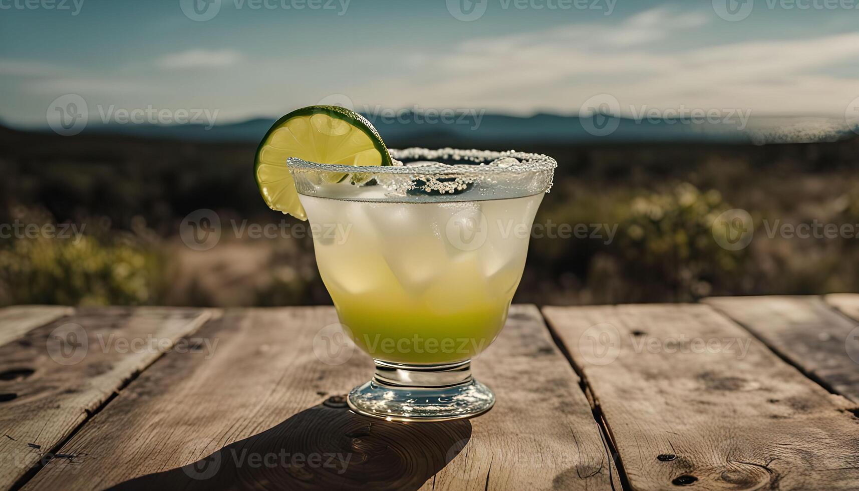 Margarita on a Wooden Table with a Mountain View photo
