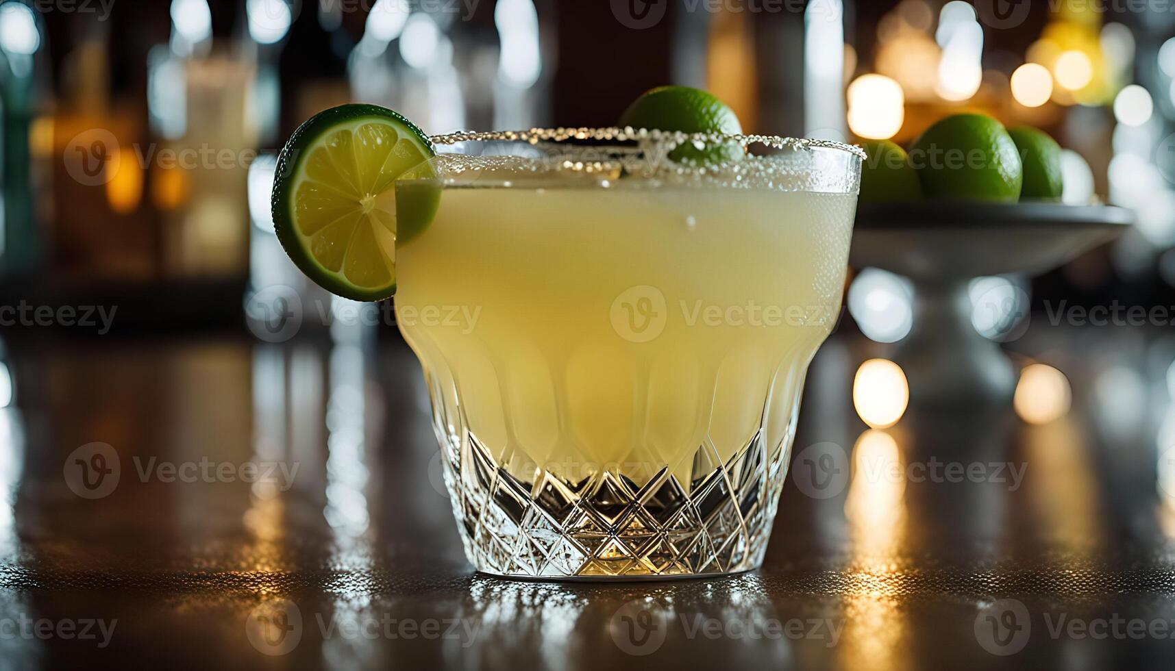 Close-up of a refreshing margarita with a lime wedge, salt rim, and a blurred bar background photo
