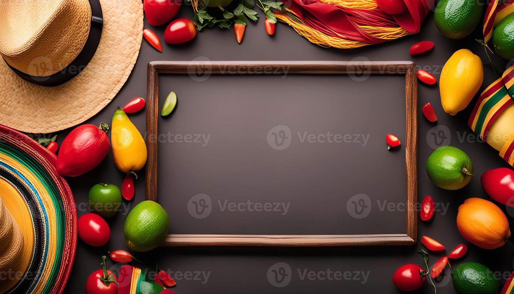 Colorful Food Arrangement with a Wooden Frame photo