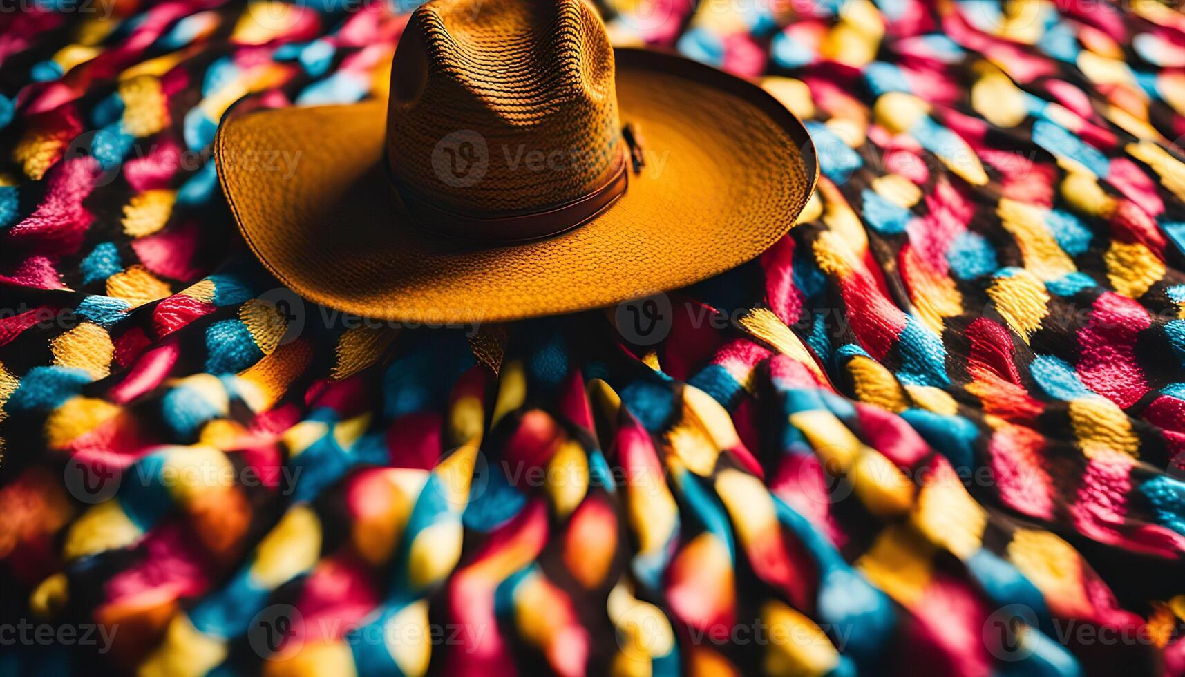 A cowboy hat laying on a colorful fabric photo