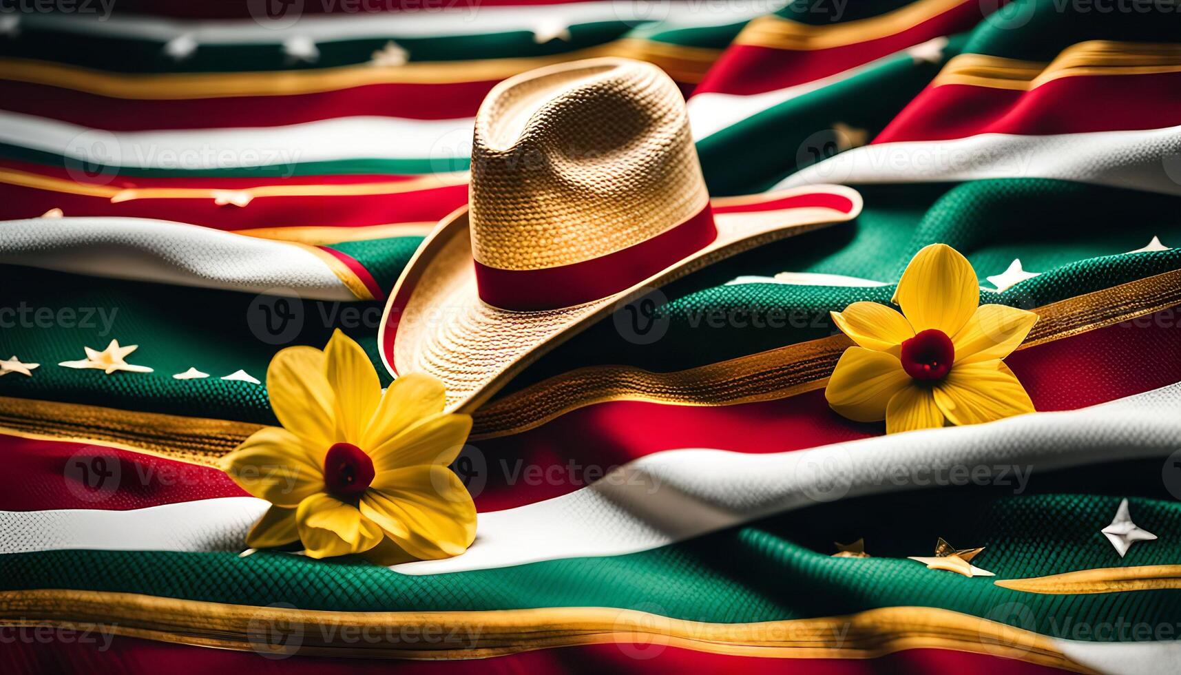 Straw Hat on a Colorful Fabric photo