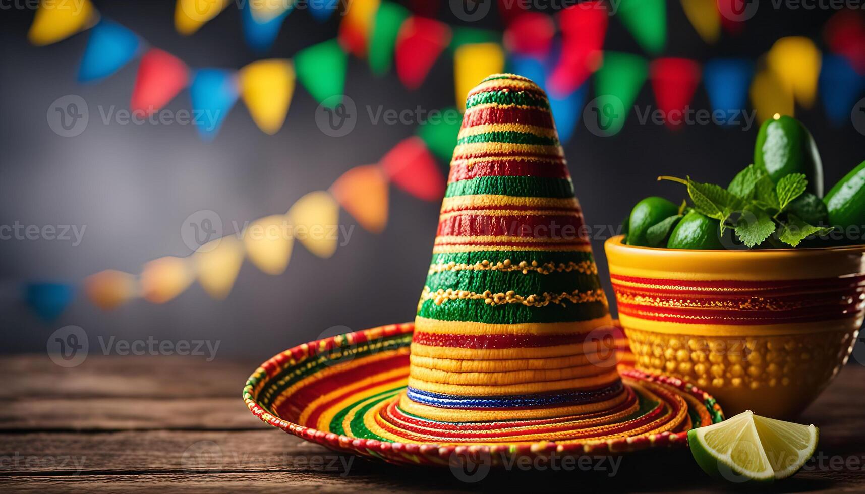 Colorful Sombrero with lime and festive string lights photo
