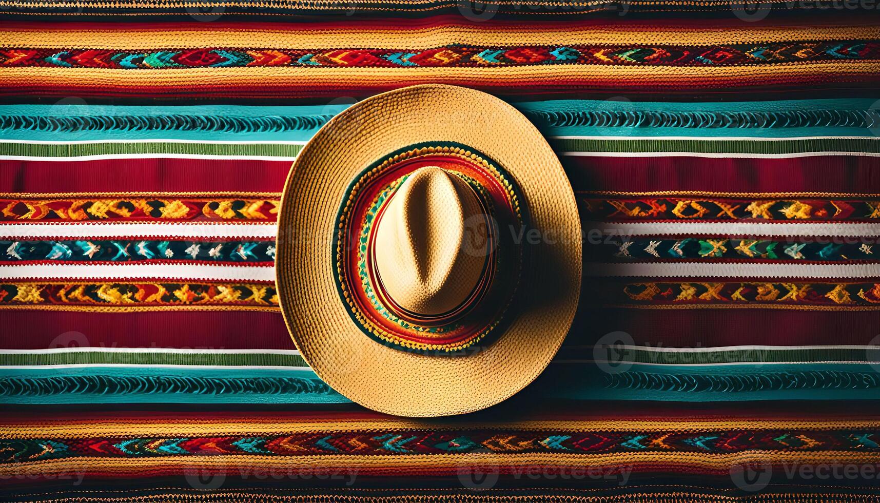 Straw Hat on a Colorful Woven Fabric photo