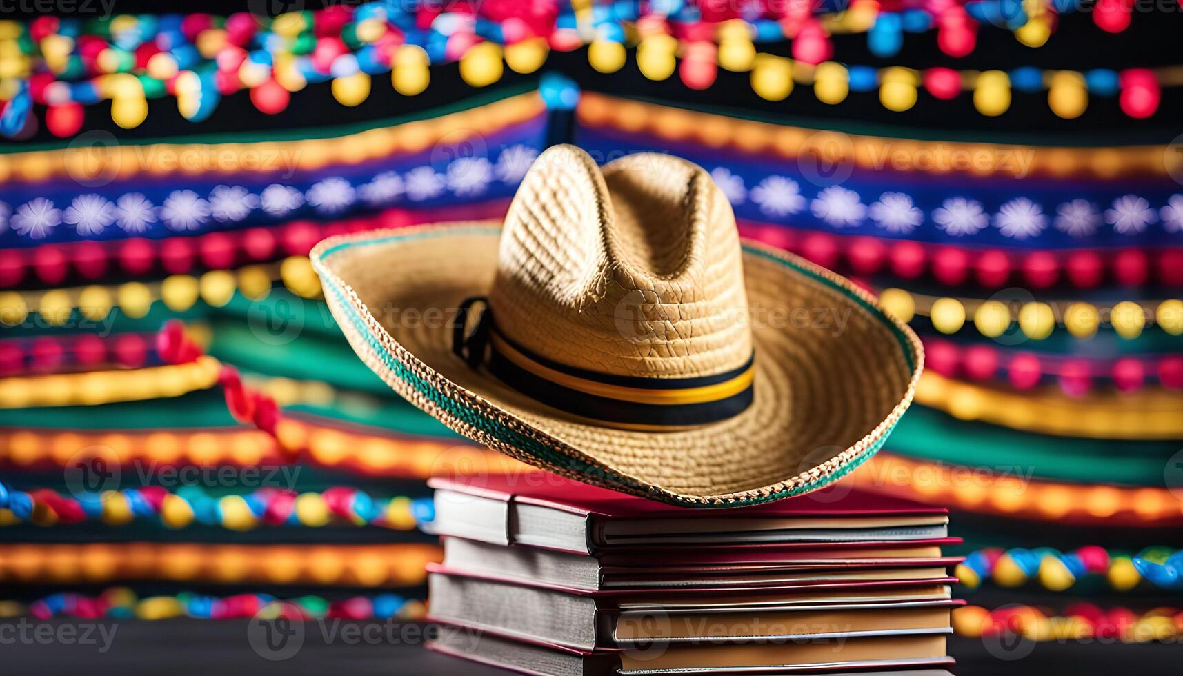 Straw Hat on Books with Festive Background photo
