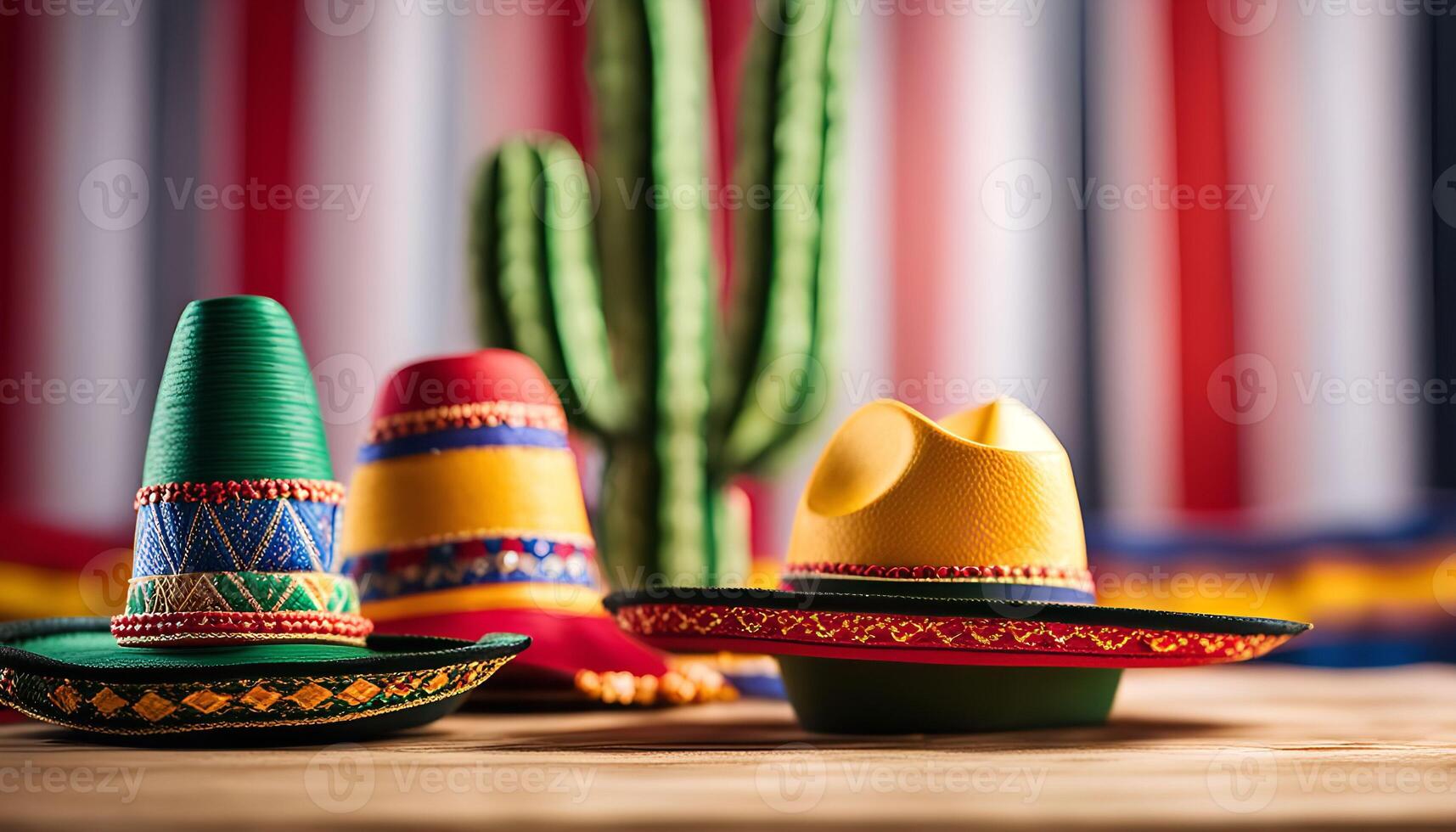 Colorful Sombrero Hats on Wooden Surface photo