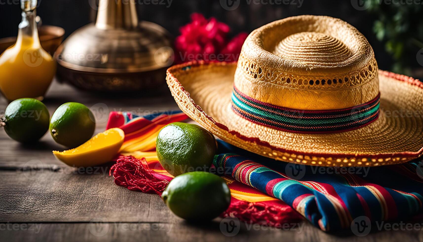 Straw Hat on Wooden Table with Limes photo