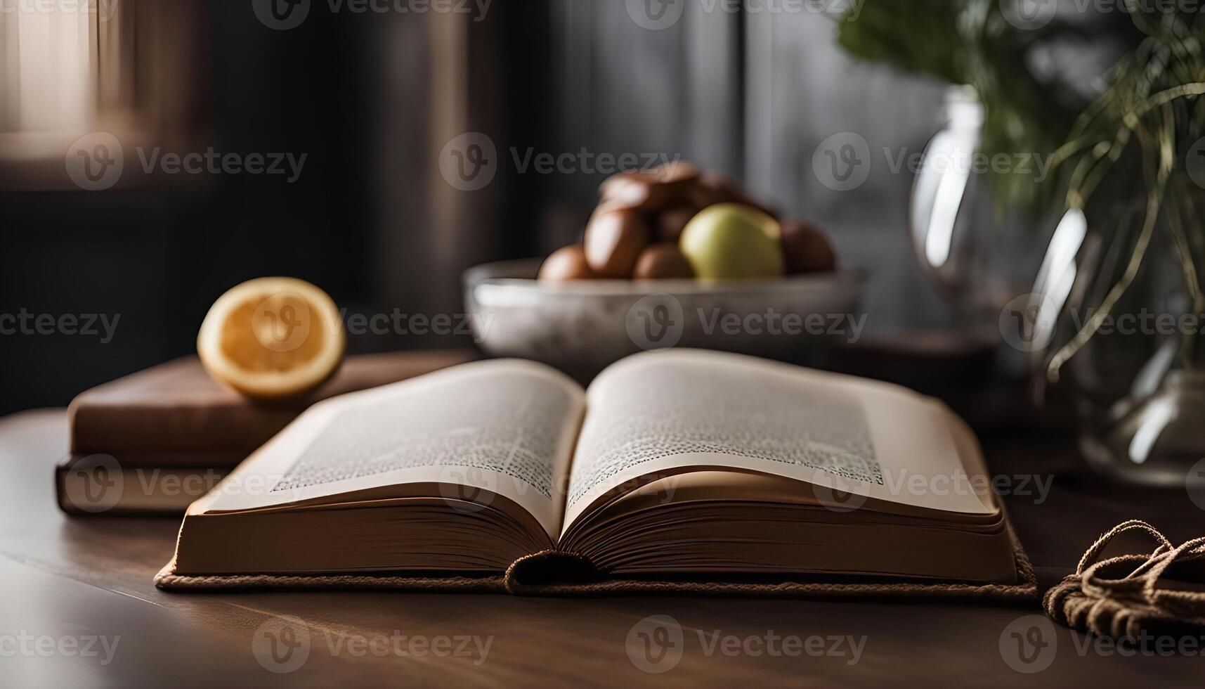 Open Book on a Wooden Table photo