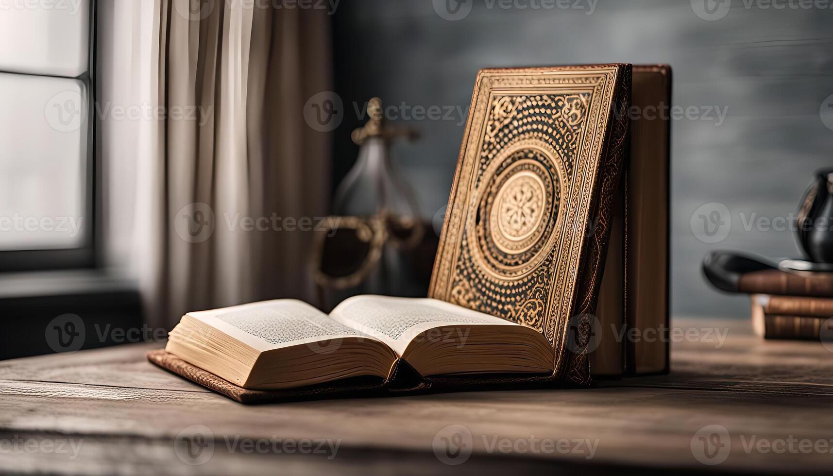 Open Book on Wooden Table with Ornate Bound Books photo