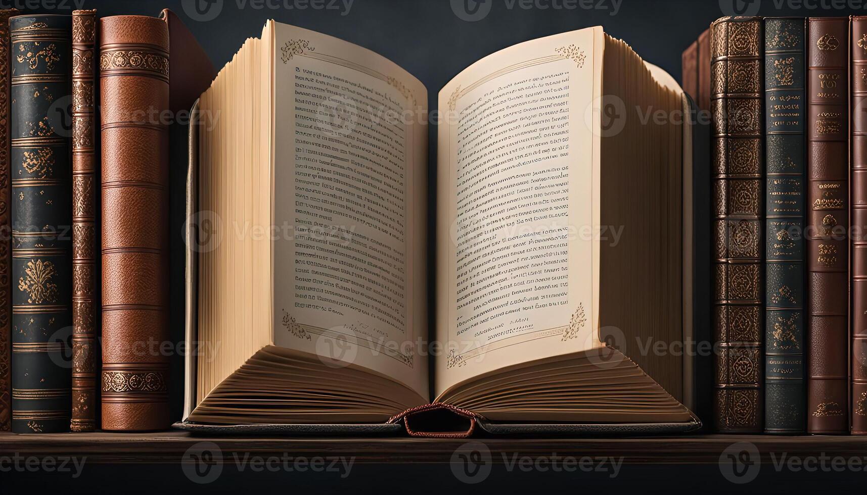 Open Book and Stack of Books on Shelf photo
