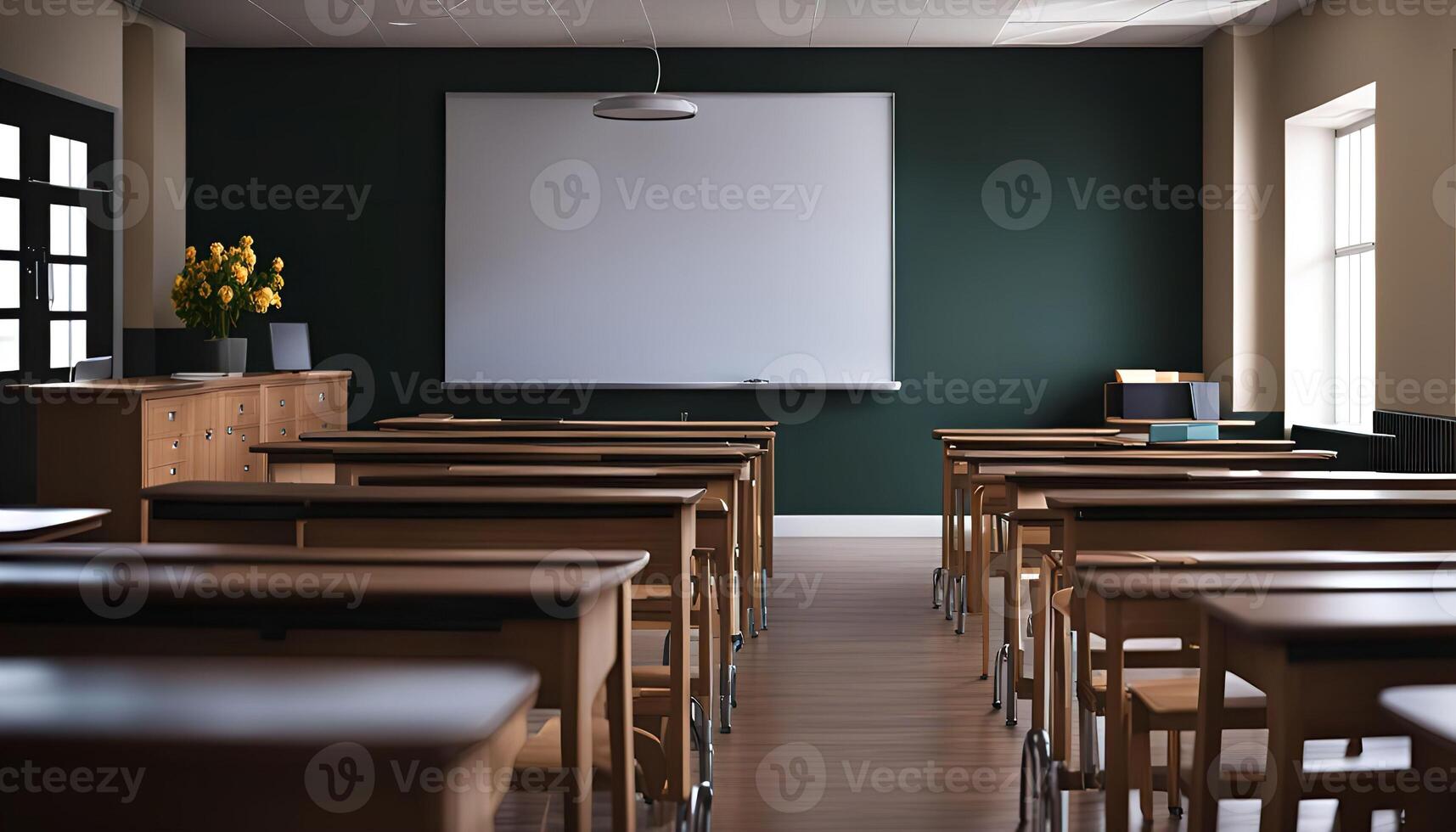 Empty Classroom with Wooden Desks and Whiteboard photo