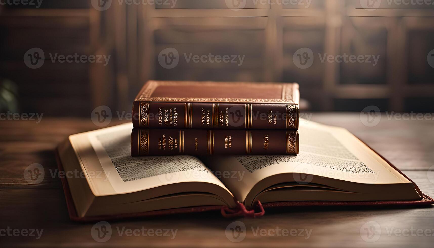 Open Book on a Wooden Table photo