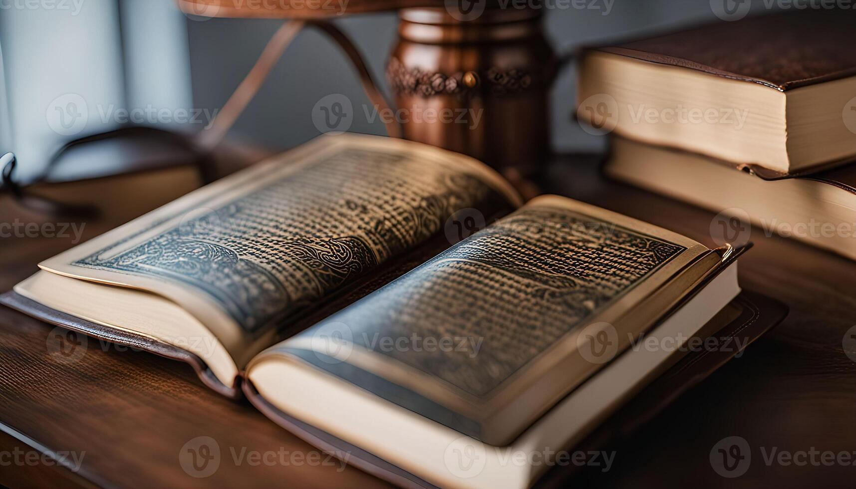 Open Holy Book on a Wooden Table photo