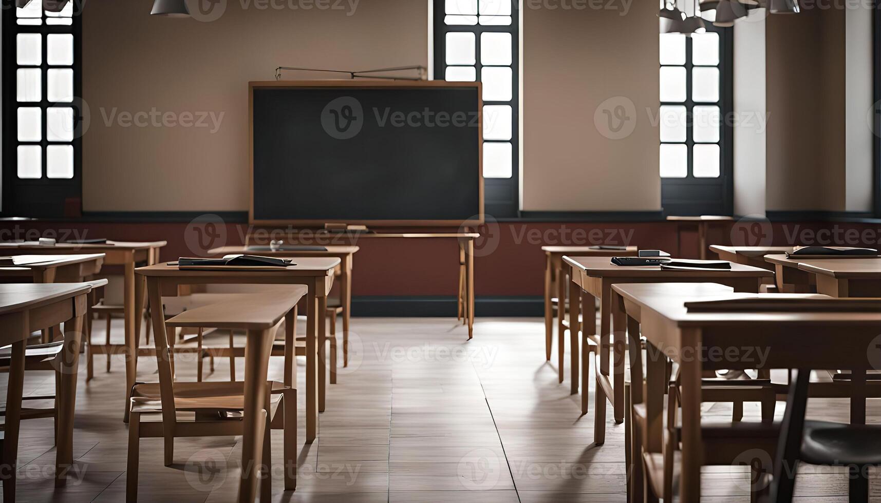 Empty Classroom with Desks and a Chalkboard photo
