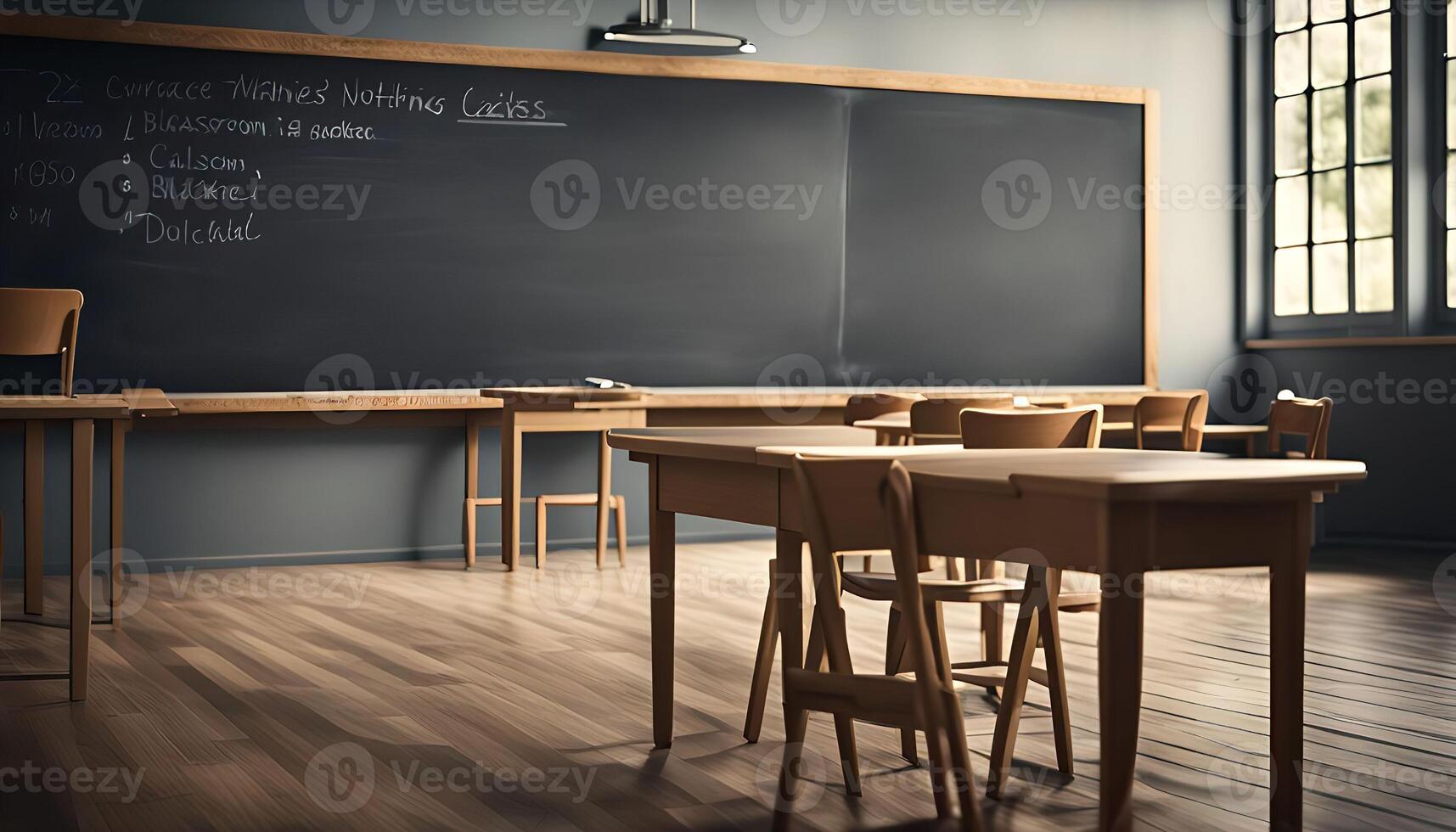 Empty Classroom with Blackboard and Wooden Desks photo