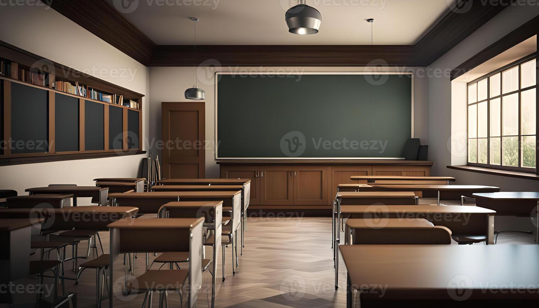 Empty Classroom with Traditional Desks and Chalkboard photo