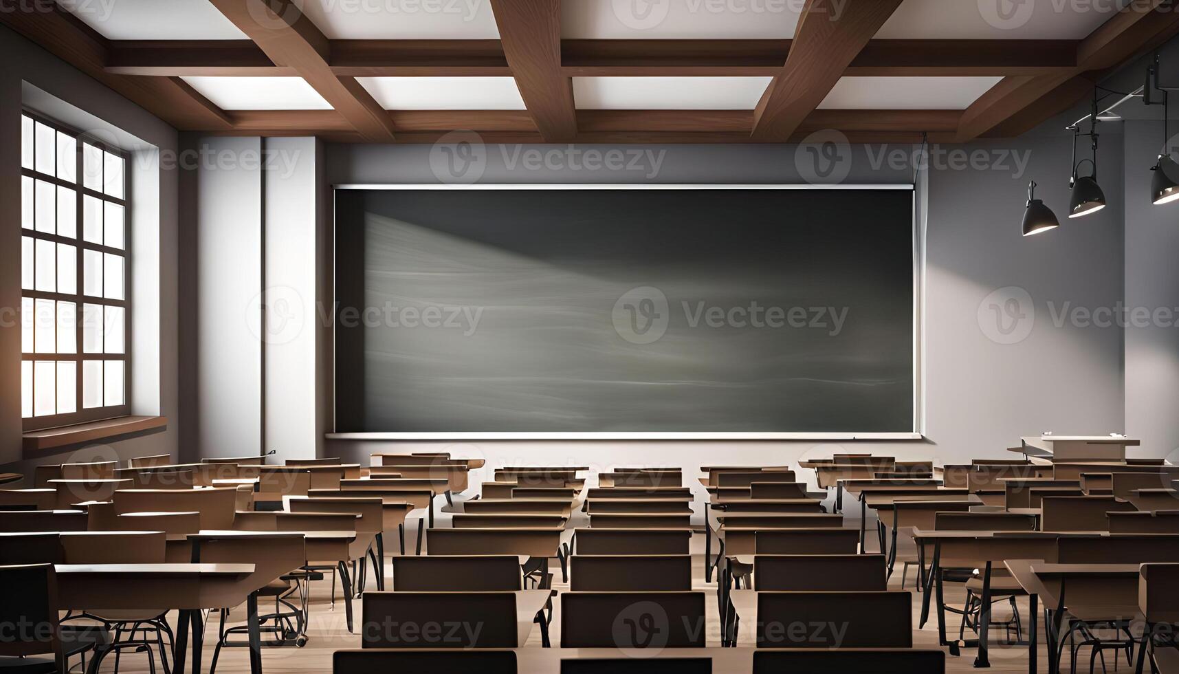 Empty Classroom with Rows of Desks and a Blackboard photo