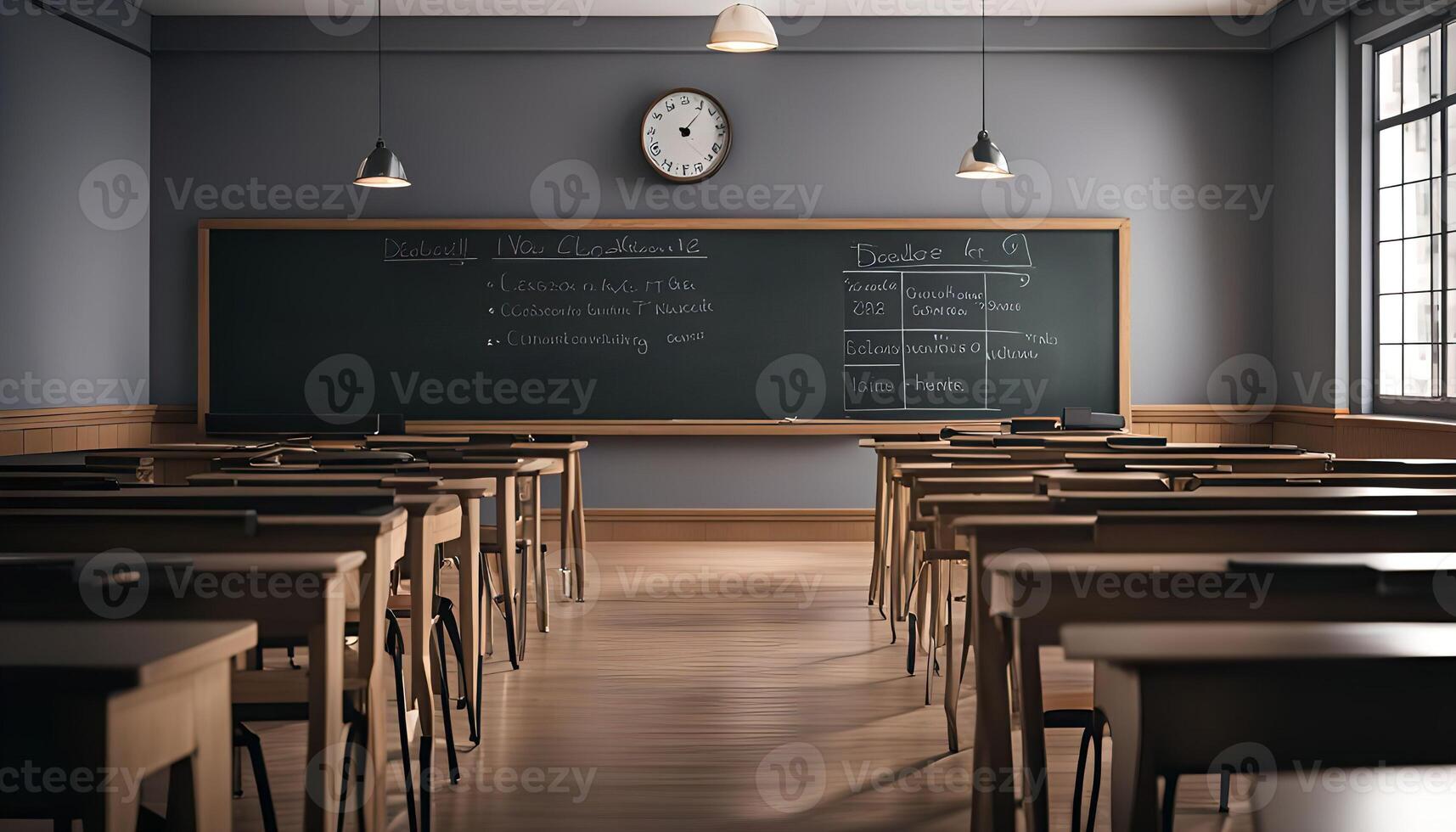 Empty Classroom with Desks and a Blackboard photo