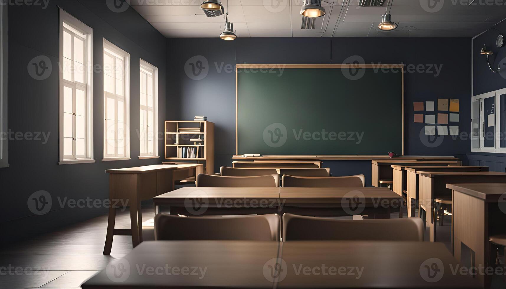 Empty Classroom with Wooden Desks and a Green Chalkboard photo