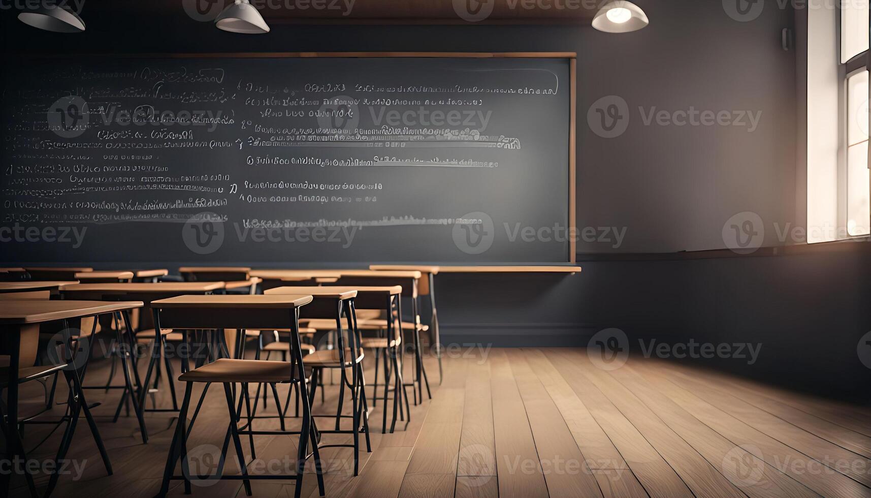 Empty Classroom with Chalkboard and Desks photo