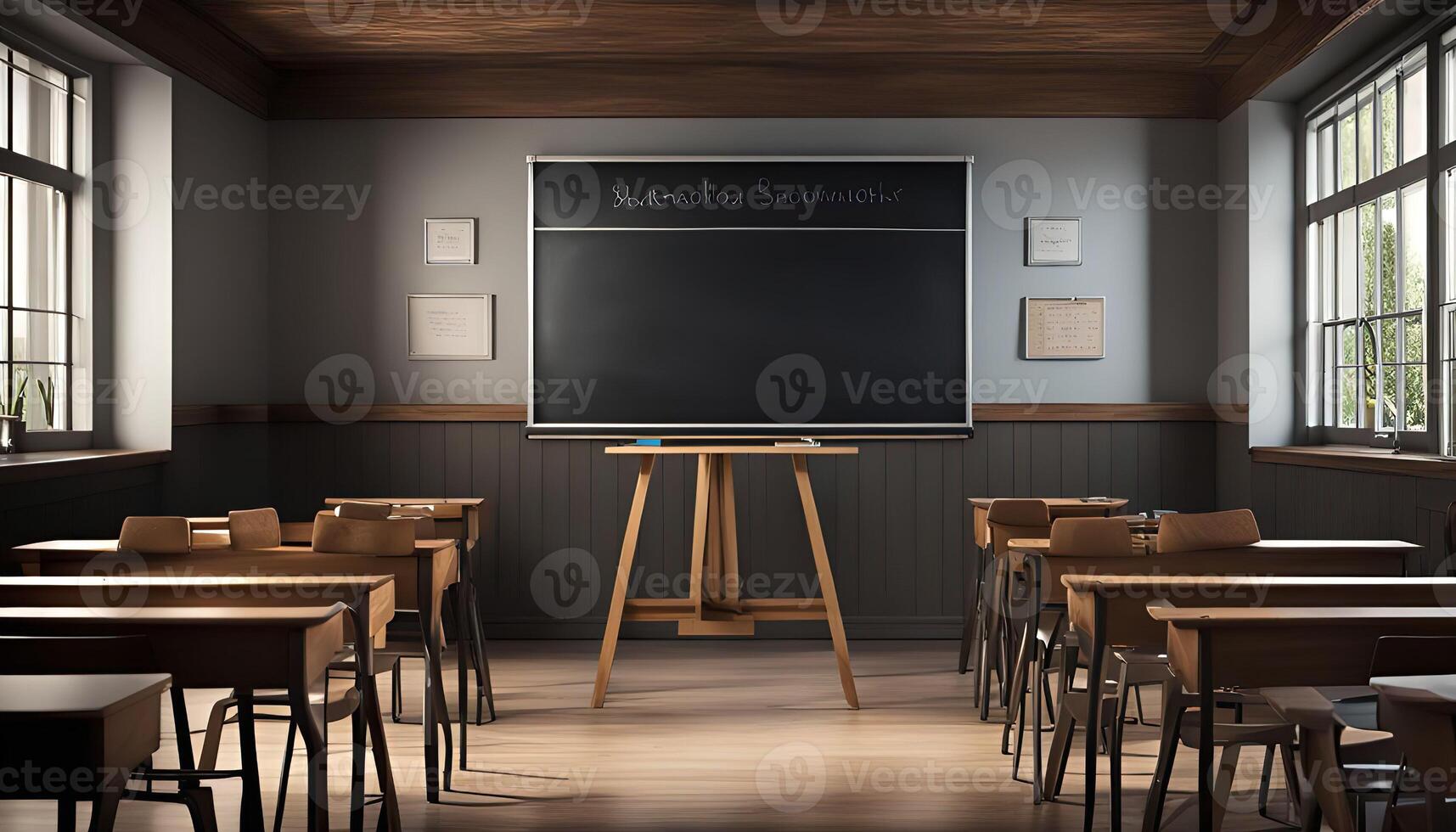 Empty Classroom with Chalkboard and Wooden Desks photo