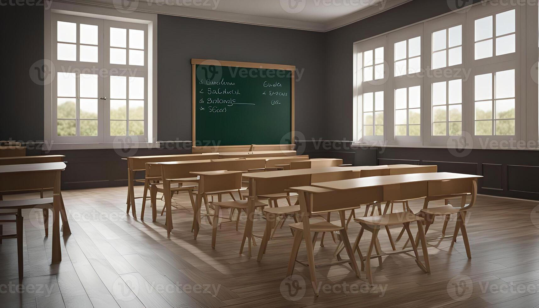 Empty Classroom with Wooden Desks and Green Chalkboard photo