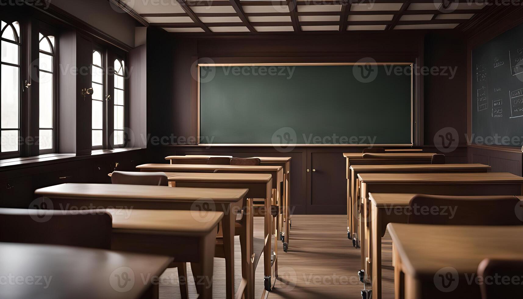 Empty Classroom with Wooden Desks and a Green Chalkboard photo