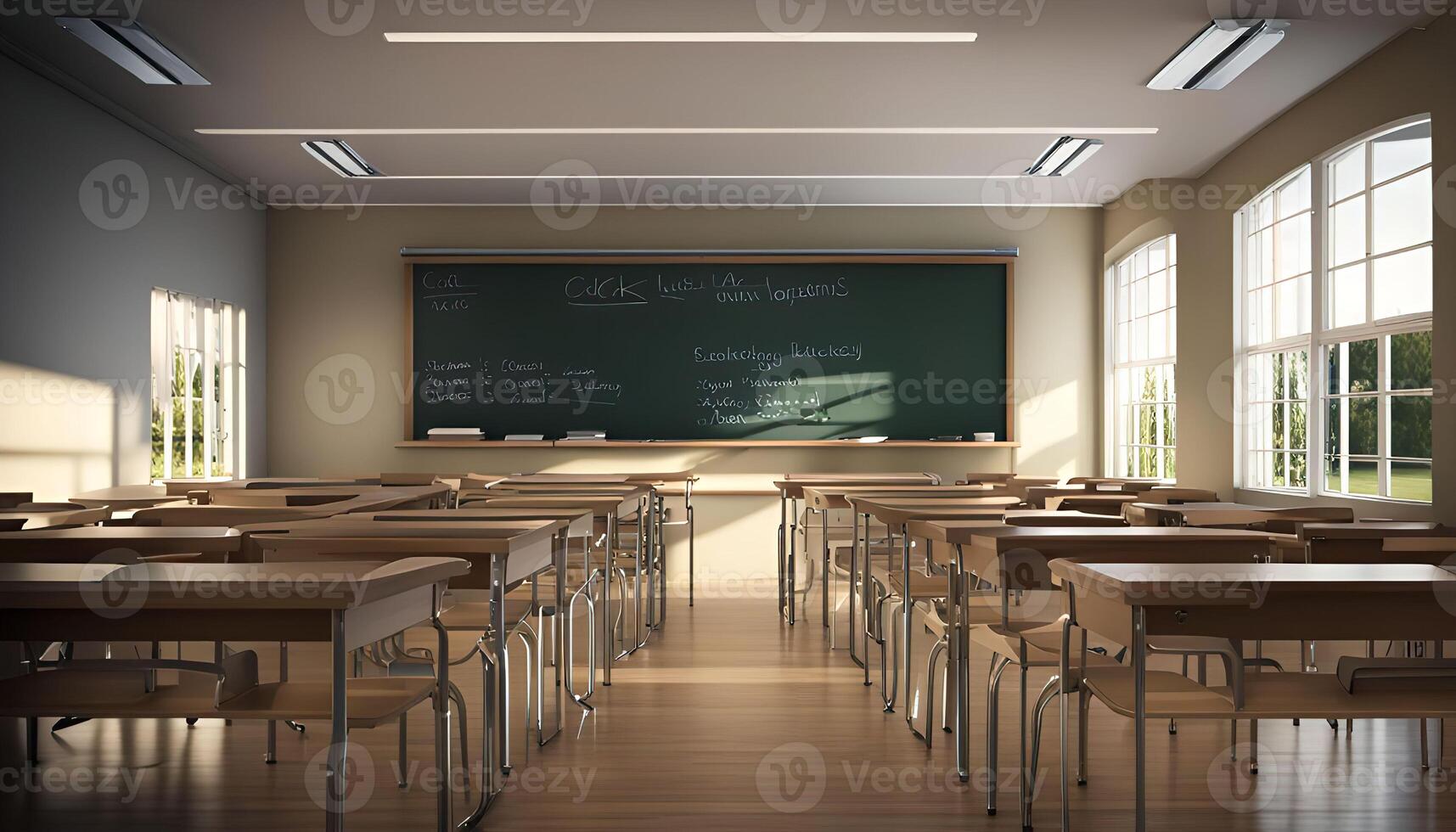 Empty Classroom with Sunlight Shining Through Windows photo
