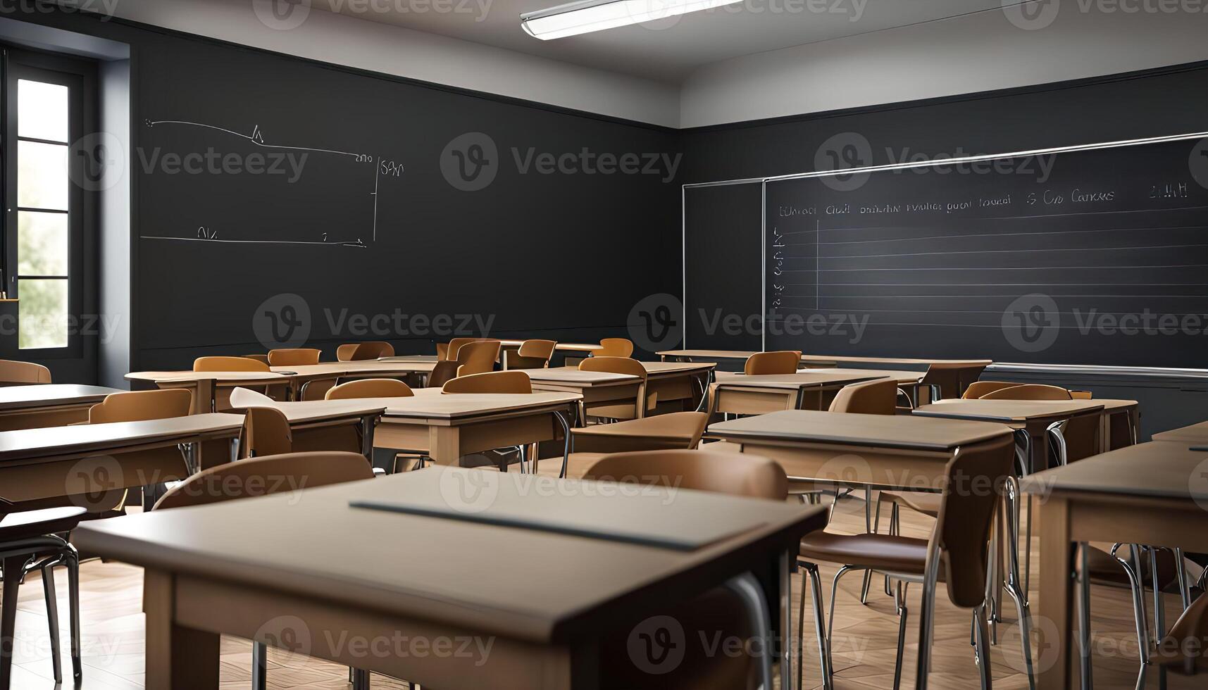 Empty Classroom with Wooden Desks and Blackboards photo