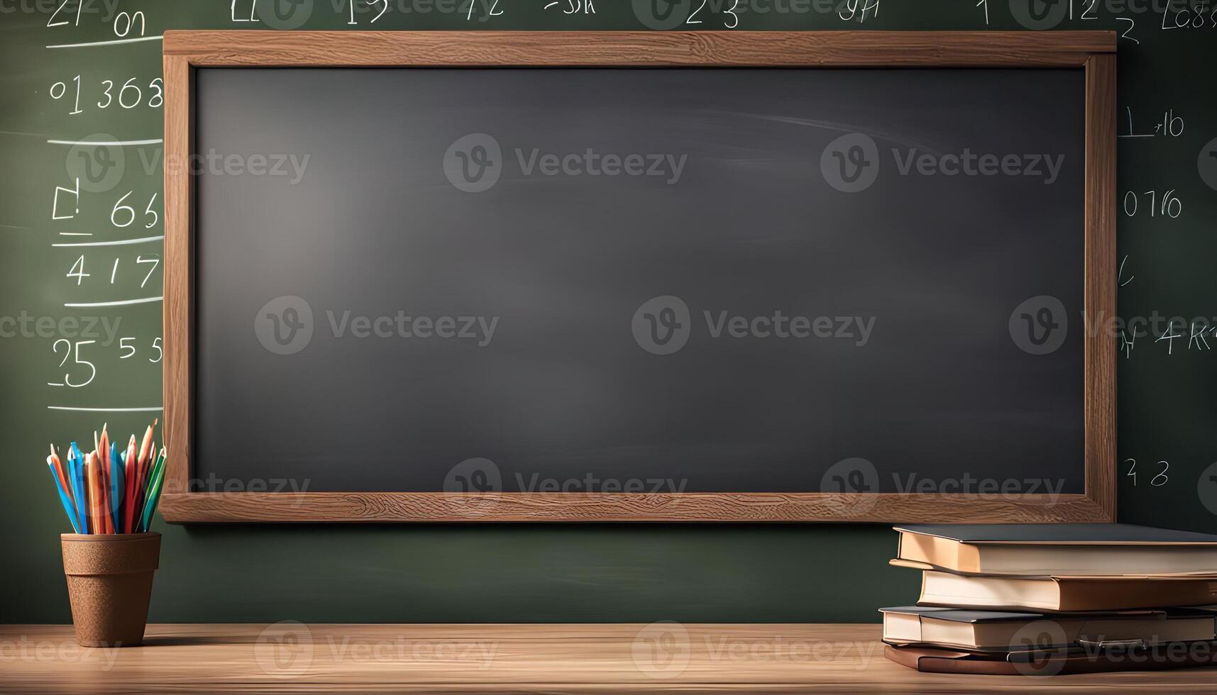 Blackboard with Books and Pencils on a Desk photo