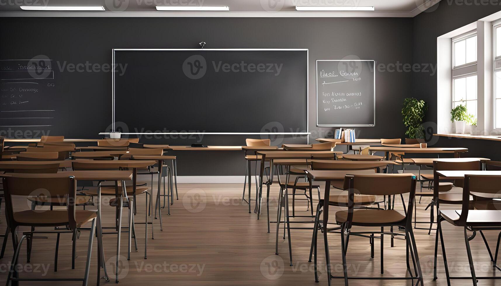 Empty Classroom with Desks and Chairs photo