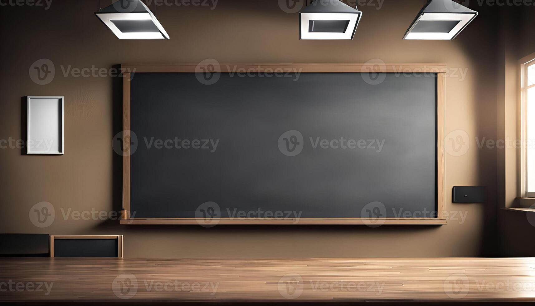 Empty Classroom with Chalkboard and Wooden Desk photo