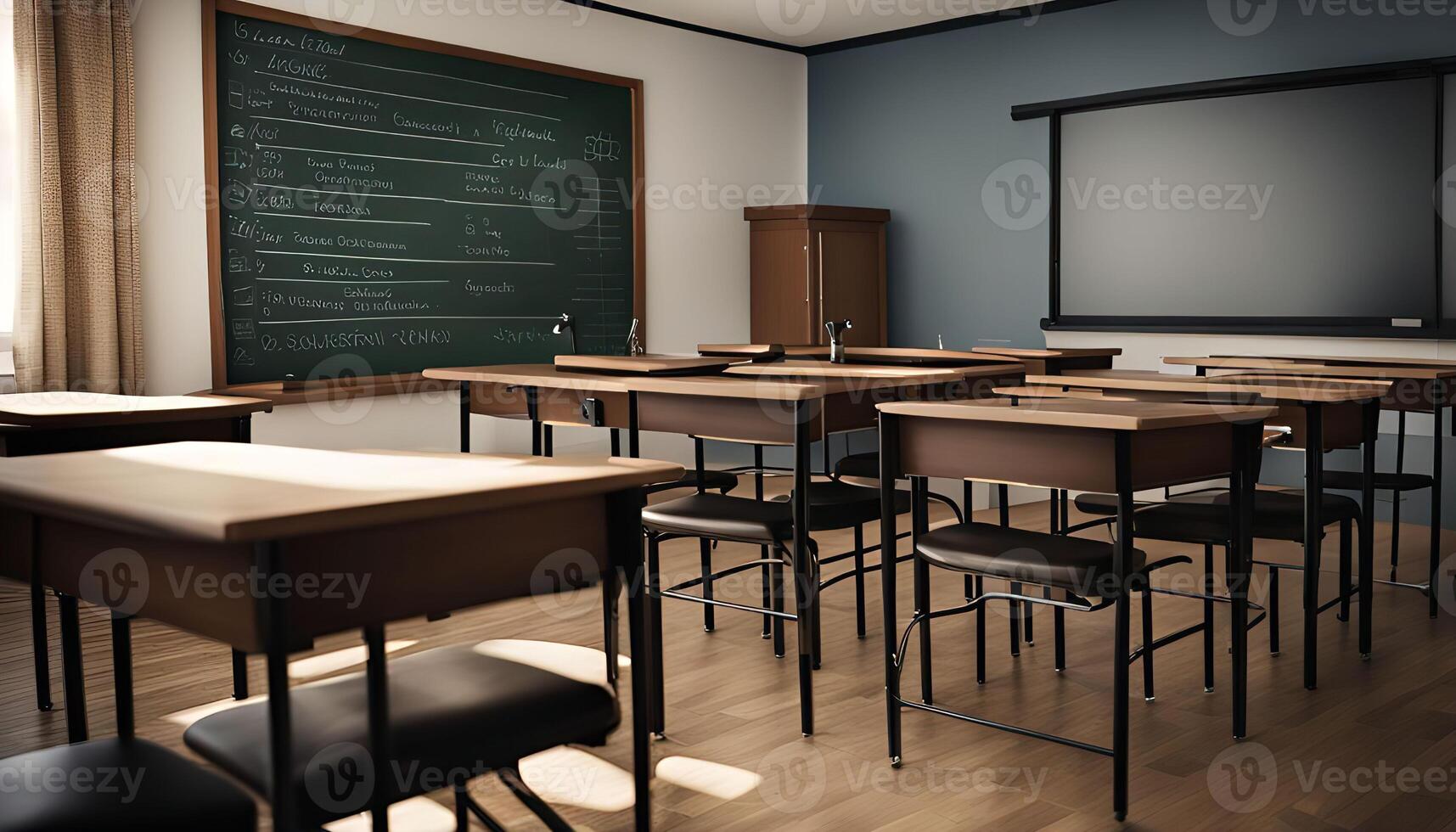 Empty Classroom with Desks and a Blackboard photo