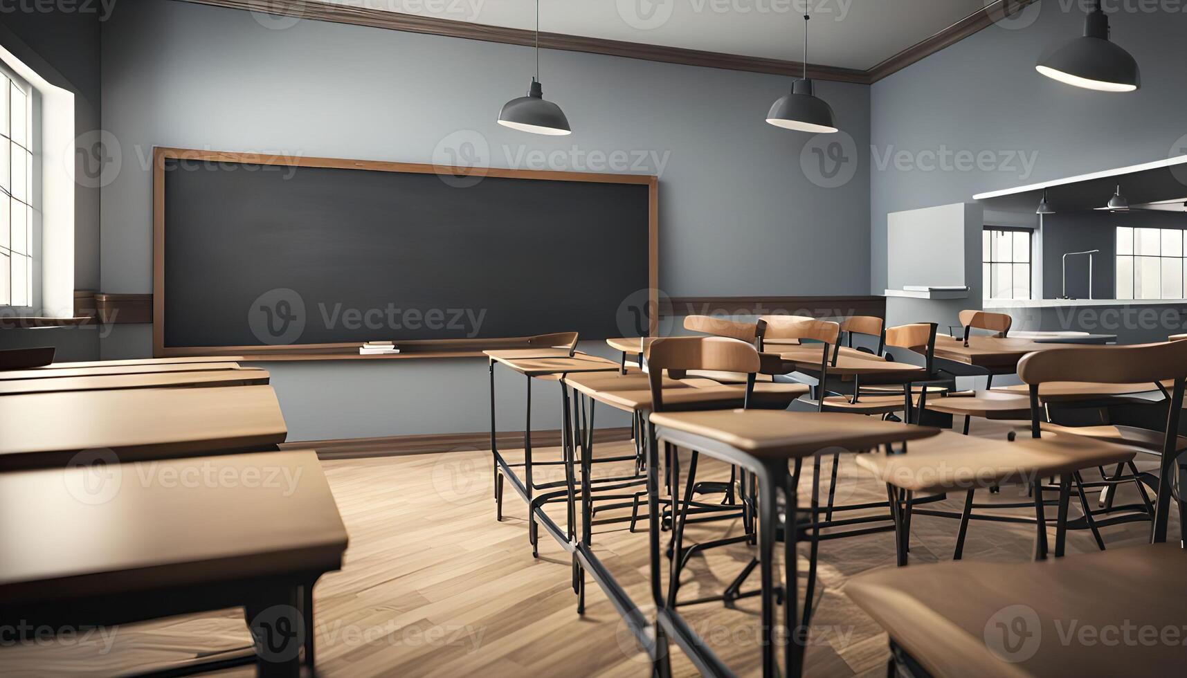 Empty Classroom with Blackboard and Desks photo