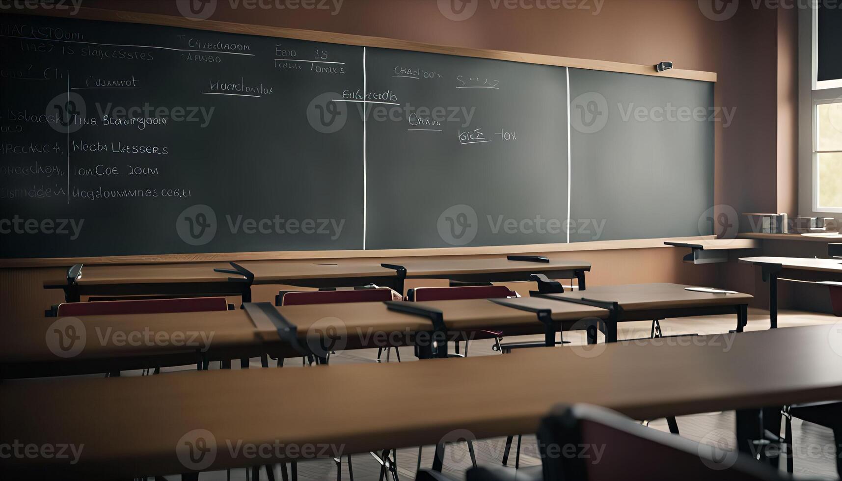 Empty Classroom with Chalkboard and Desks photo