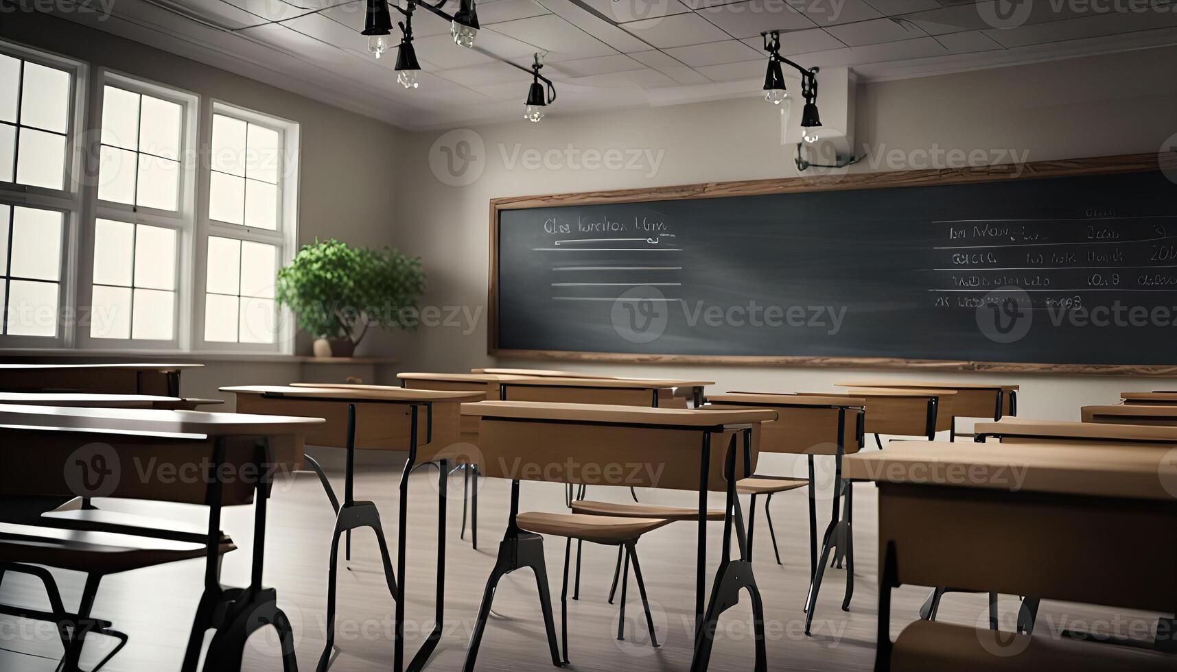 Empty Classroom with a Chalkboard and Desks photo