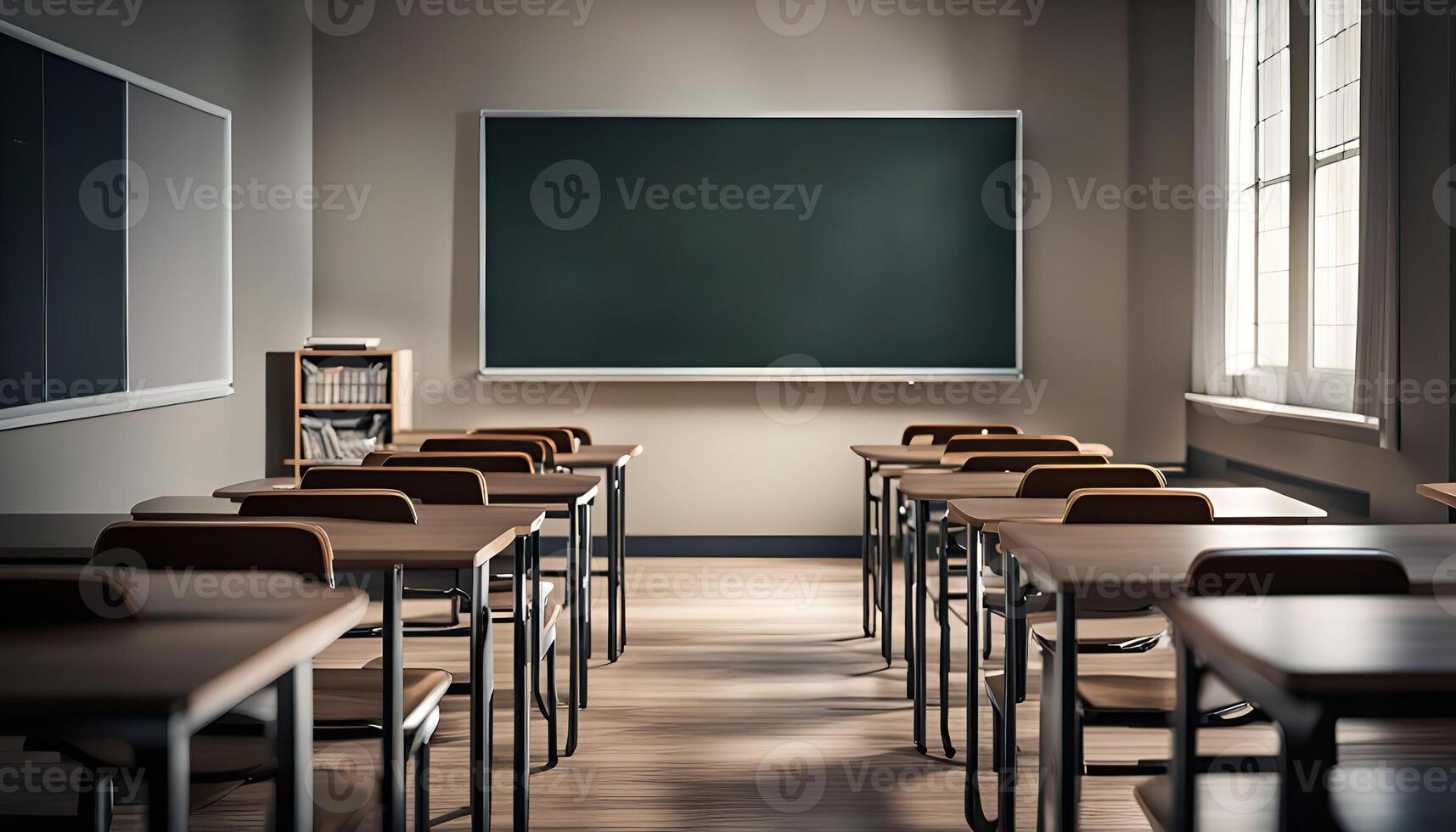 Empty Classroom with Desks and Blackboard photo