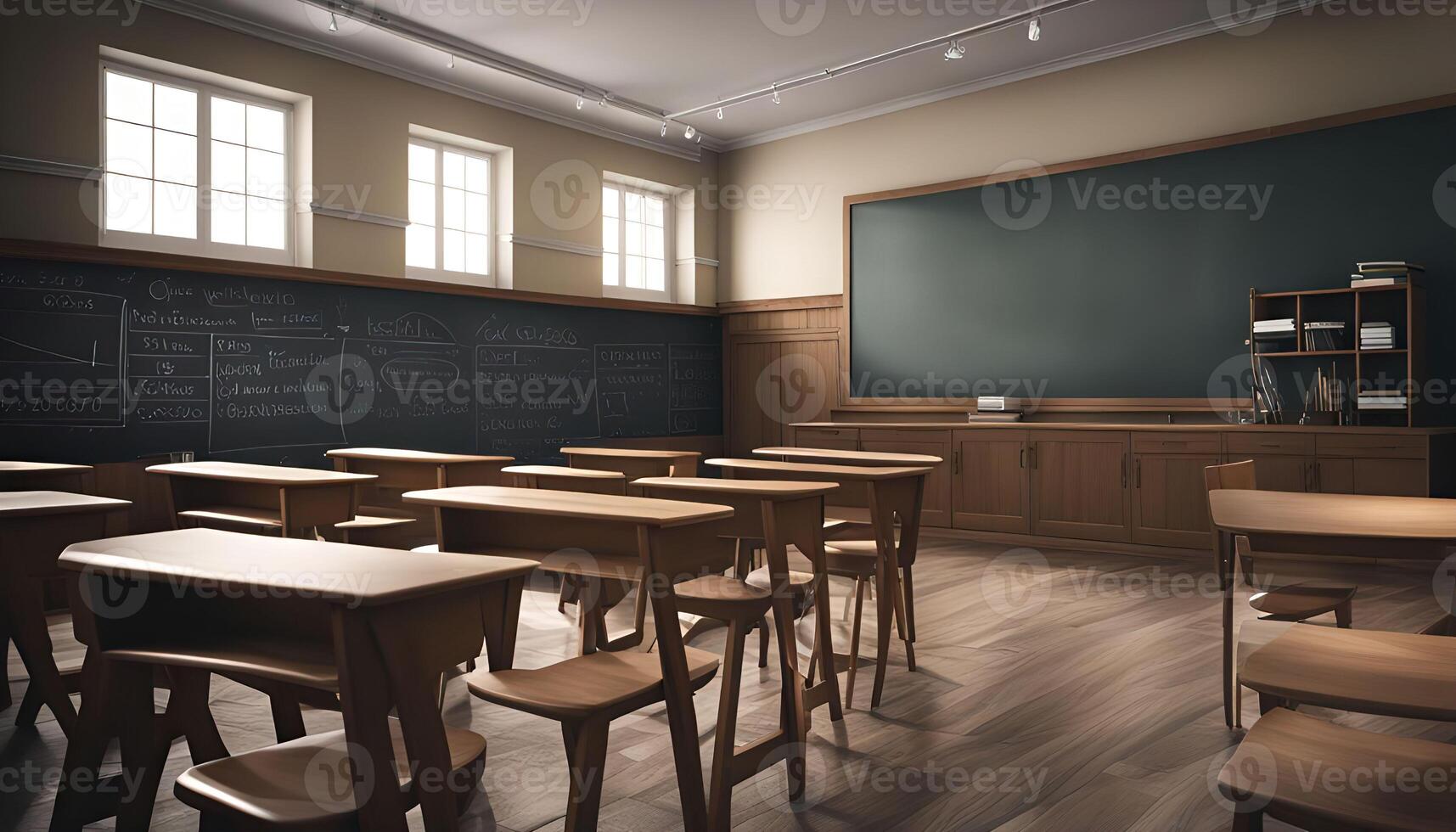 Empty Classroom with Wooden Desks and Chalkboard photo