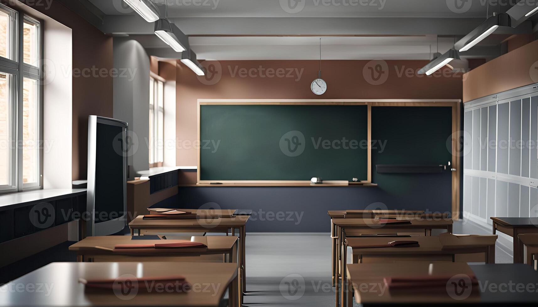 Empty Classroom with Desks, Chalkboard, and Windows photo