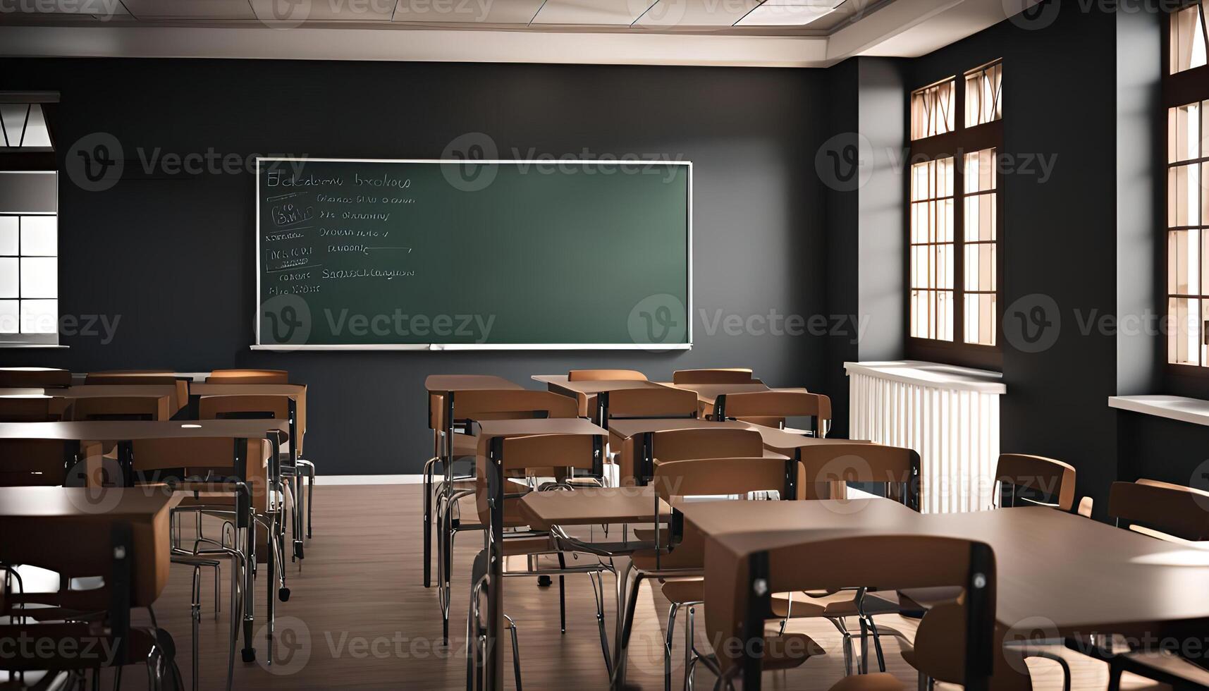 Empty Classroom with Desks and Blackboard photo