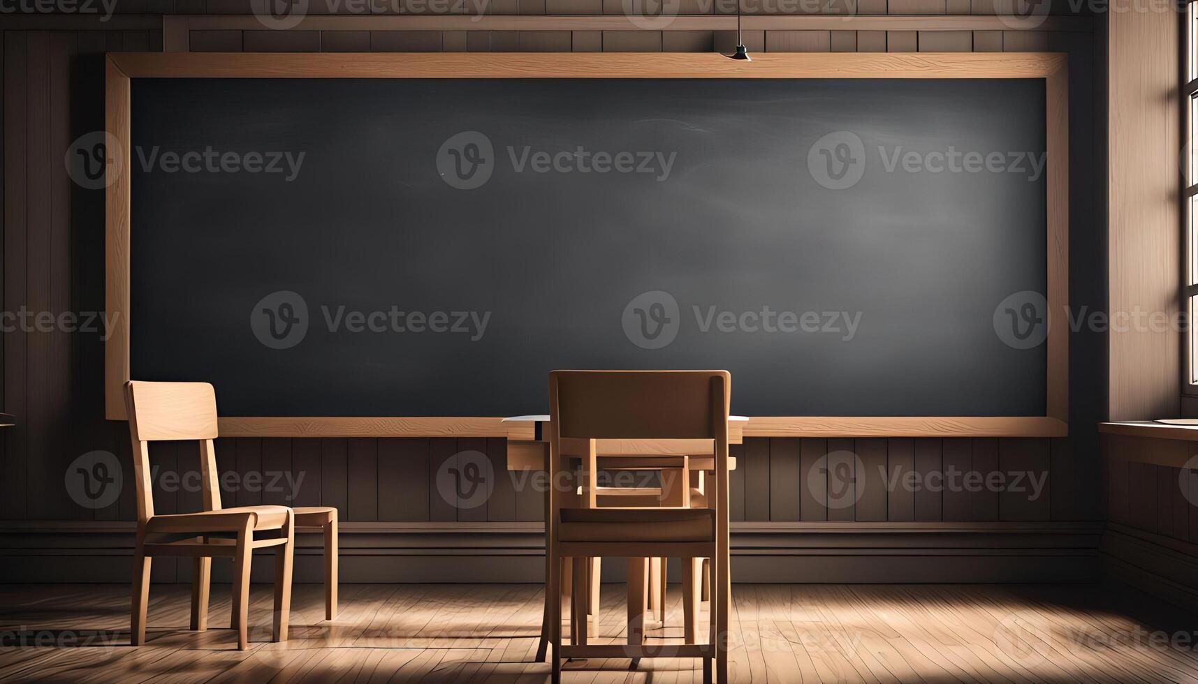 Empty Classroom with Blackboard and Chairs photo