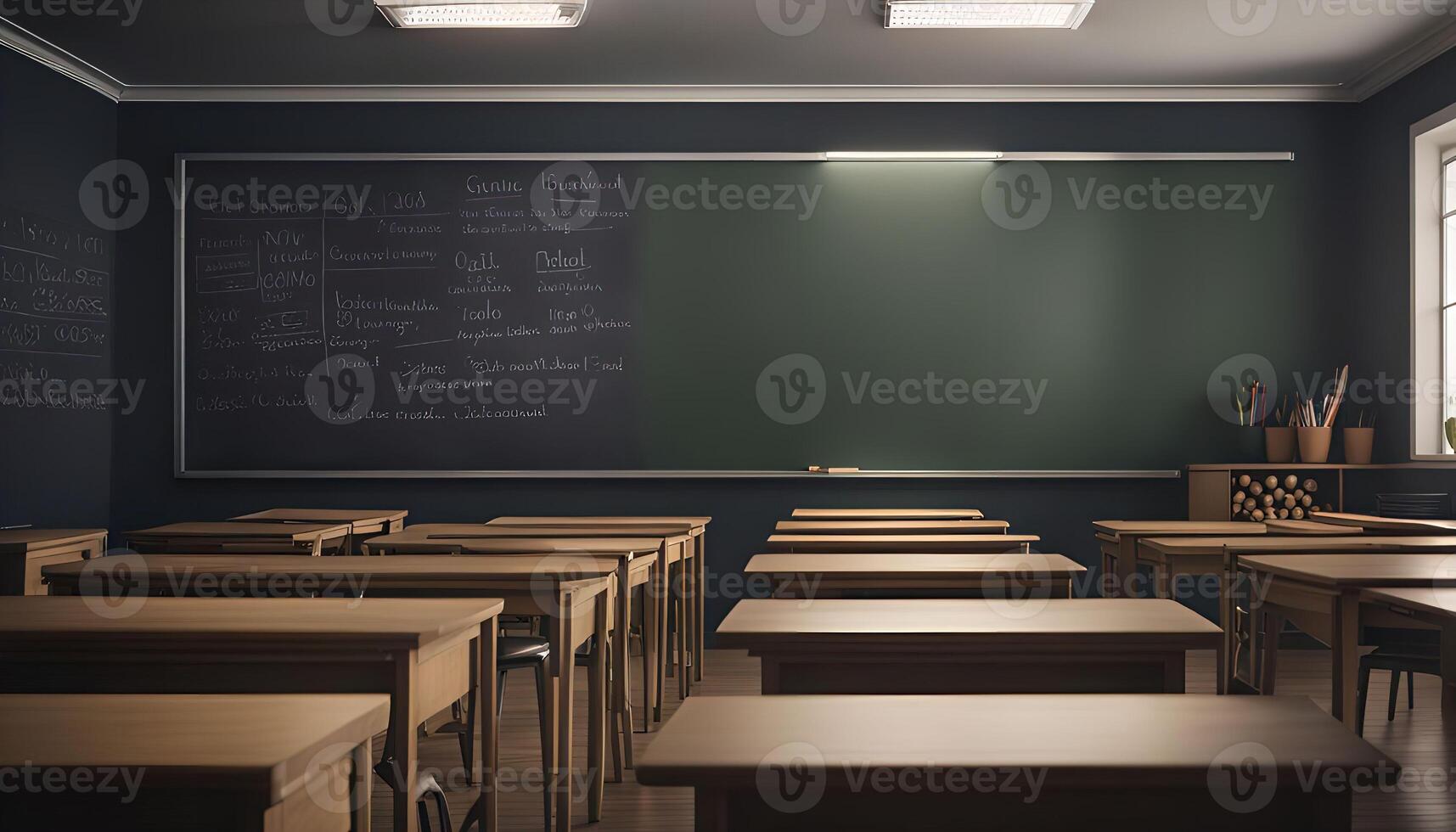 Empty Classroom with Chalkboard and Desks photo
