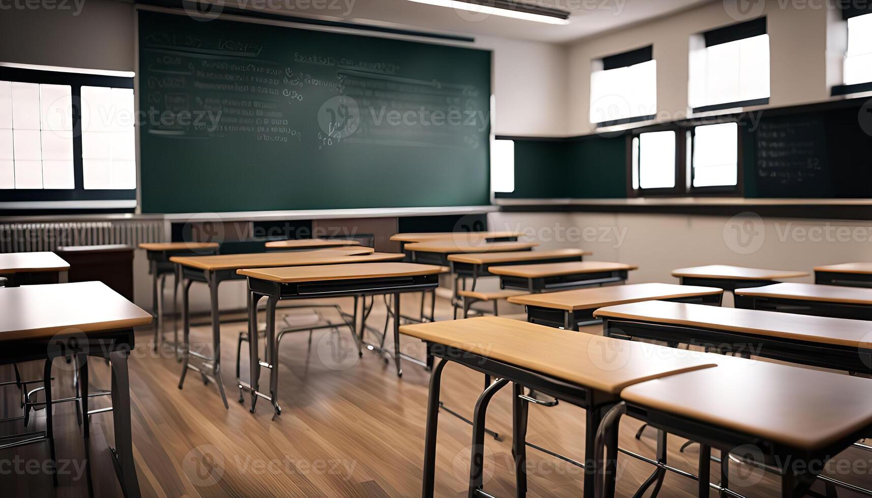 Empty Classroom with Desks and Chalkboard photo