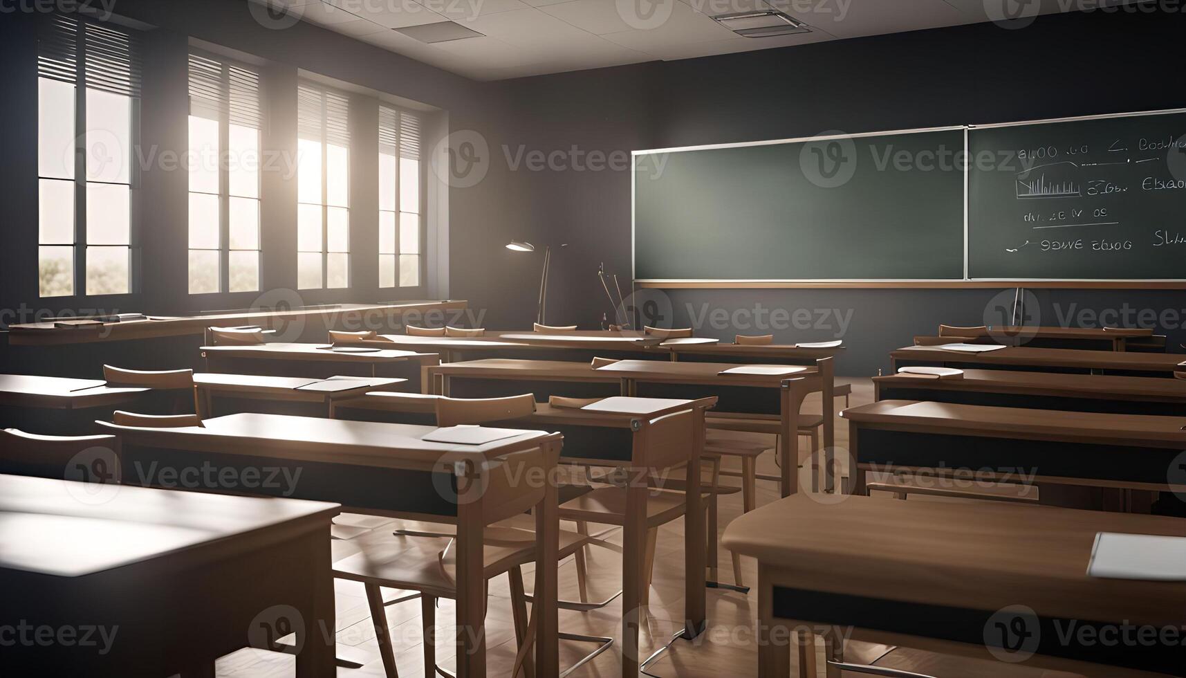 Empty Classroom with Sun Shining Through Windows photo