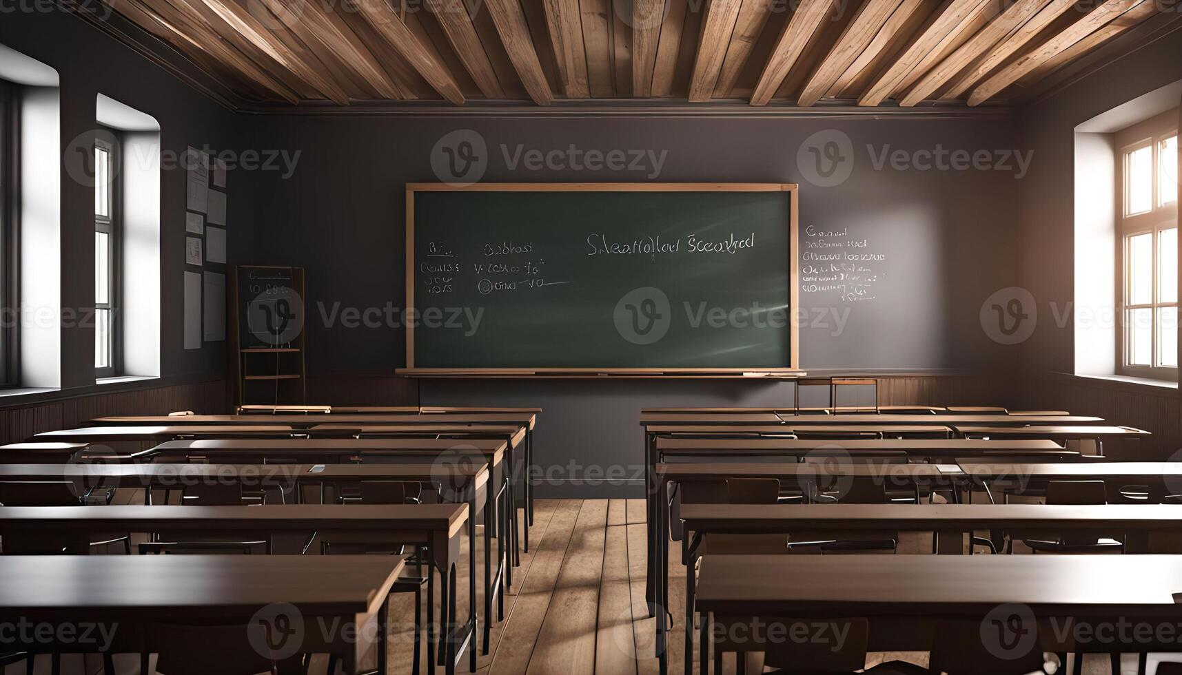 Empty Classroom with Wooden Desks and Chalkboard photo