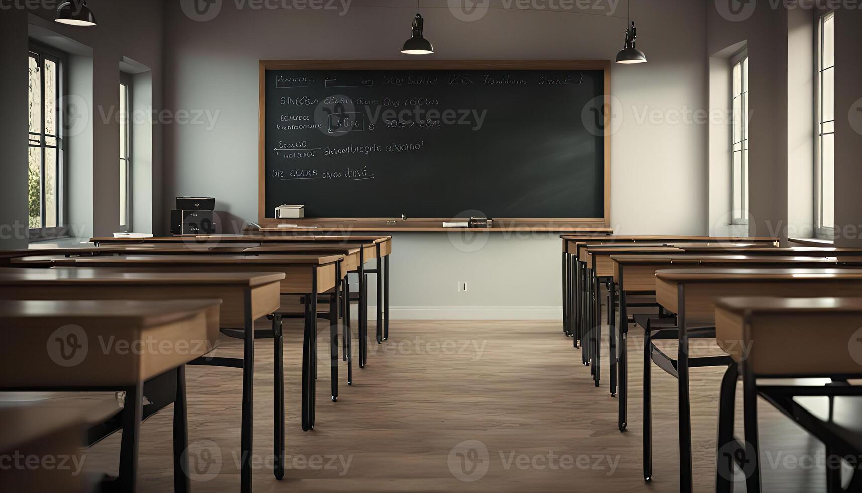 Empty Classroom with Desks and Chalkboard photo