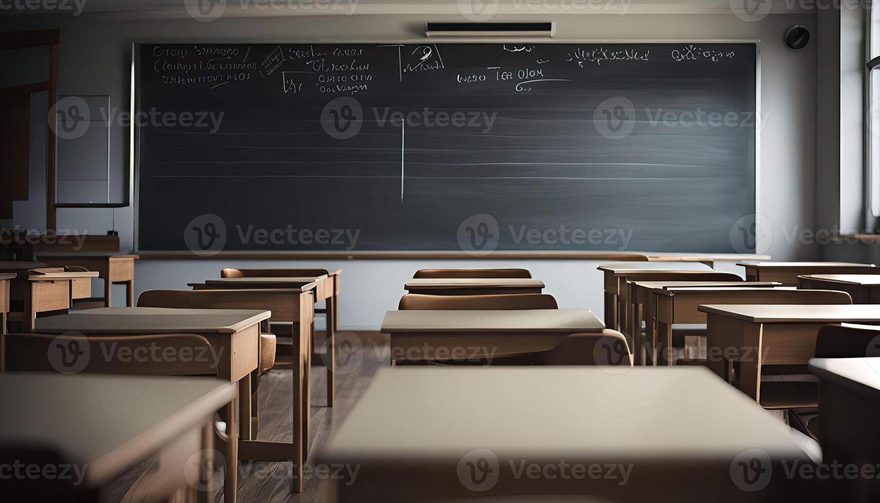Empty Classroom with Desks and Blackboard photo