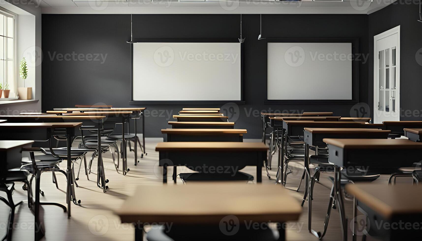 Empty Classroom with Desks and Whiteboard photo