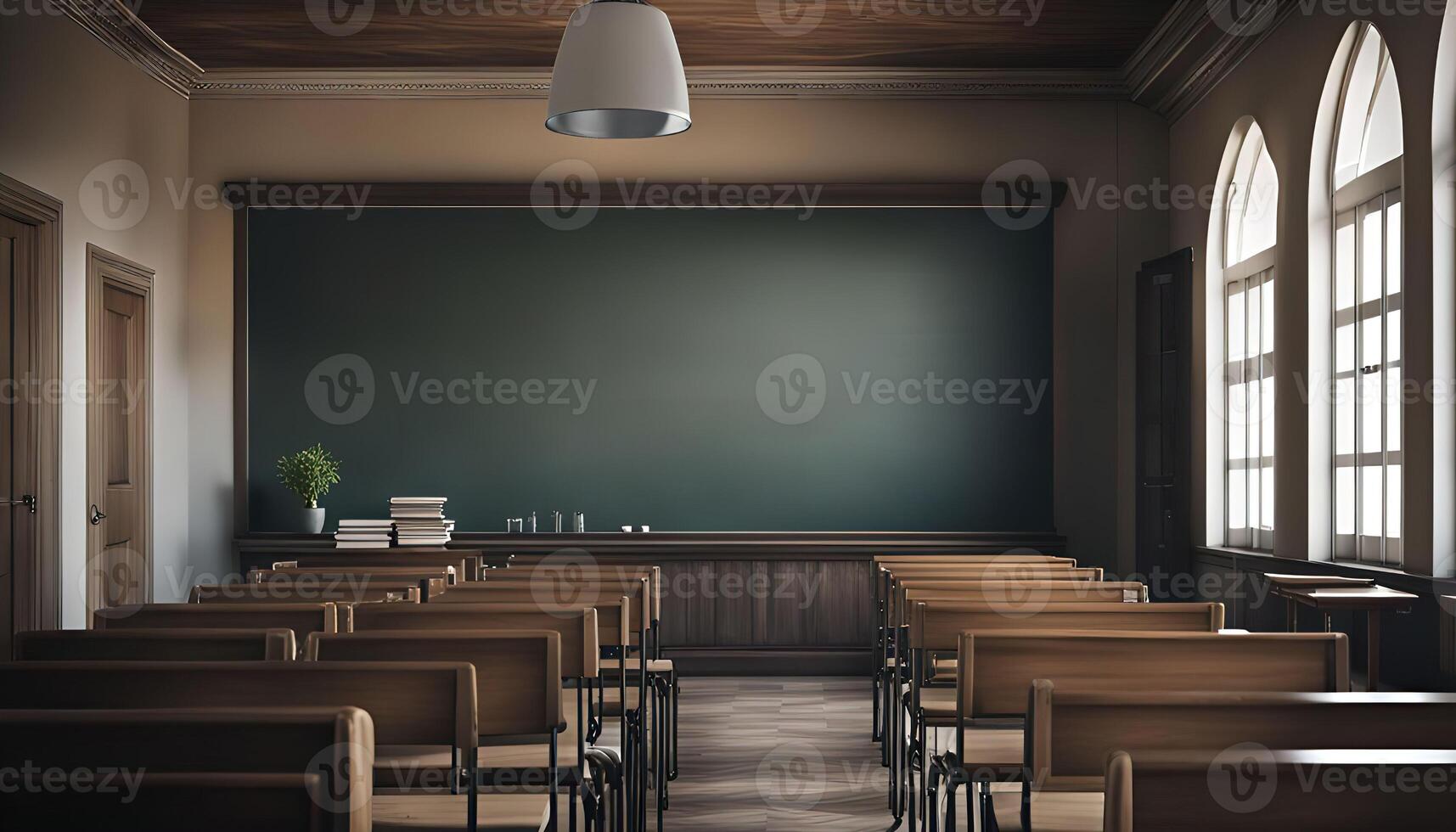 Empty Classroom with Chalkboard and Wooden Desks photo