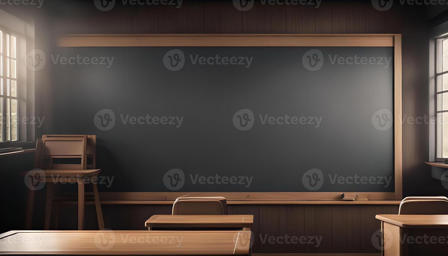 Empty Classroom with Chalkboard and Wooden Desks photo